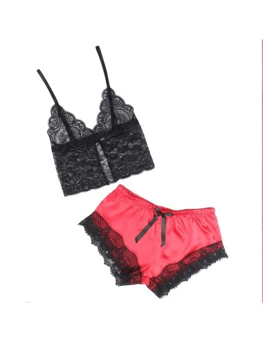 SUBBLIME - 953966 VESTAGLIA DA NOTTE CASUAL IN SETA + PANTALONI IN PIZZO NERO/ROSSO L/XL