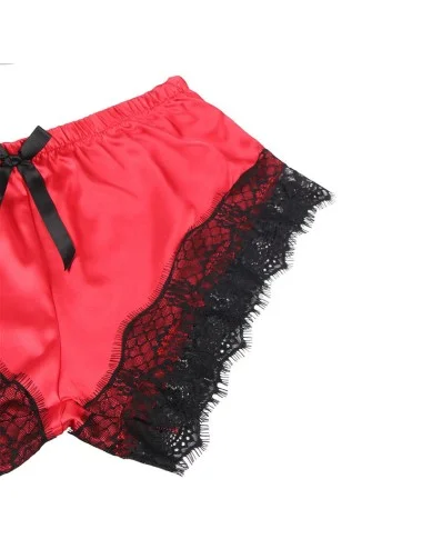 SUBBLIME - 953966 VESTAGLIA DA NOTTE CASUAL IN SETA + PANTALONI IN PIZZO NERO/ROSSO L/XL