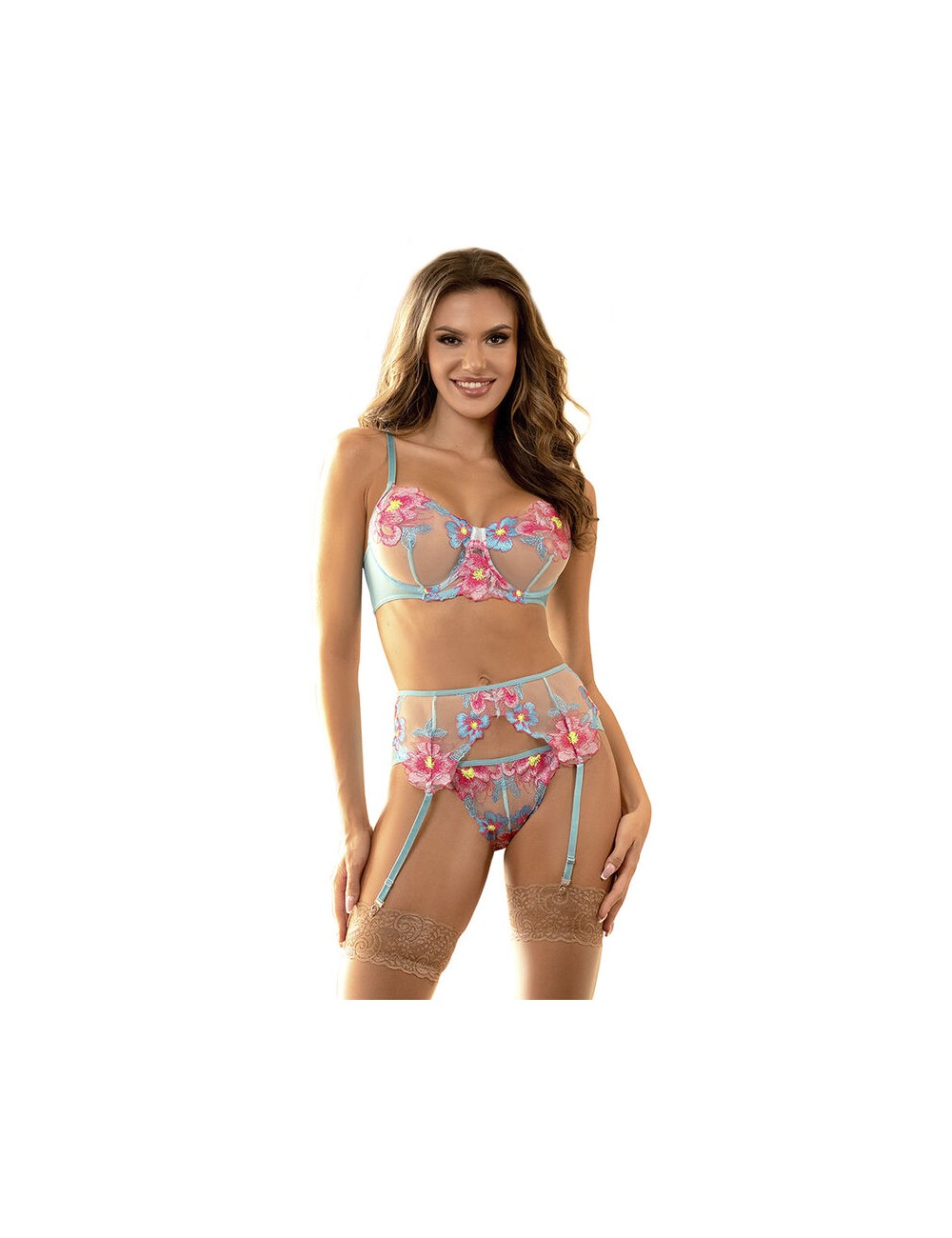 SUBBLIME - 954116 REGGISENO + SLIP CON CINTURA REGGISENO FLOREALE BLU L/XL
