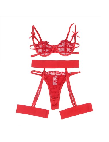 SUBBLIME - 954338 REGGISENO + PERIZOMA + CINTURA CON STAMPA A CUORE ROSSO L/XL