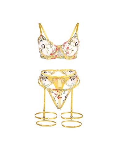SUBBLIME - 954352 REGGISENO + PERIZOMA + CINTURA CON FIORI GIALLO L/XL