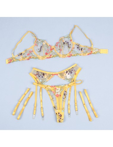 SUBBLIME - 954352 REGGISENO + PERIZOMA + CINTURA CON FIORI GIALLO L/XL