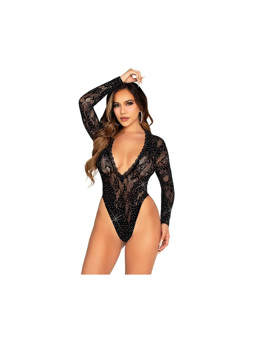 LEG AVENUE - BODY IN PIZZO E MANICA LUNGA CON STRASS NERO TAGLIA UNICA LEG AVENUE - BODY IN PIZZO E MANICA LUNGA CON STRASS NERO TAGLIA UNICA