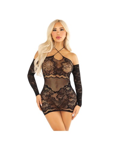 LEG AVENUE - ABITO MINI IN RETE A MANICHE LUNGHE E SPALLE SCOPERTE NERO