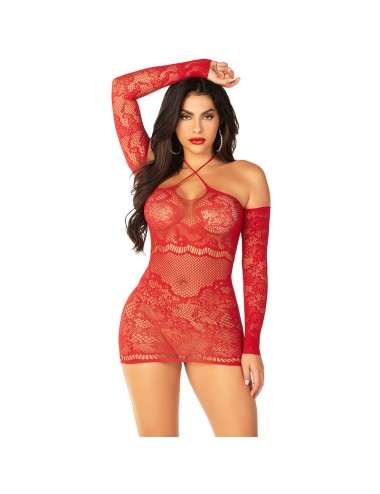 LEG AVENUE - ABITO MINI A RETE CON MANICHE LUNGHE E SPALLE SCOPERTE ROSSO