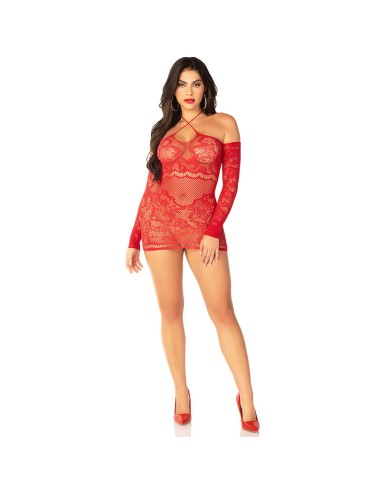 LEG AVENUE - ABITO MINI A RETE CON MANICHE LUNGHE E SPALLE SCOPERTE ROSSO