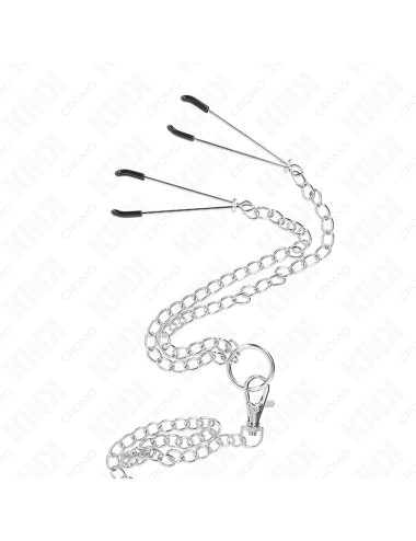 KINK - ANELLO PER PENE IN METALLO CROMATO TRIPLO DA 3,8 CM A 5 CM, CATENA IN METALLO DA 26 CM E MORSETTI PER CAPEZZOLI MOD. 2