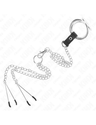 KINK - ANELLO PER PENE IN METALLO CROMATO TRIPLO DA 3,8 CM A 5 CM, CATENA IN METALLO DA 26 CM E MORSETTI PER CAPEZZOLI MOD. 2