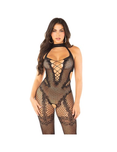 LEG AVENUE - BODYSTOCKING A MAGLIA CON STAMPA A FIORI NERO TAGLIA UNICA