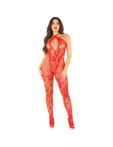 LEG AVENUE - BODYSTOCKING A MAGLIA CON STAMPA A FIORI ROSSO TAGLIA UNICA