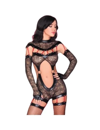 LIVCO CORSETTI FASHION - SAKURA CF 90357 TUTA + GUANTI LUNGHI + CINTURA REGGICALZE NERA L/XL