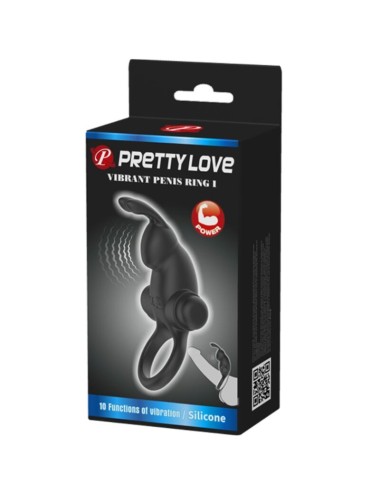 PRETTY LOVE - ANELLO VIBRANTE + STIMOLATORE CLITORIDEO CONIGLIO 10 VIBRAZIONI NERO