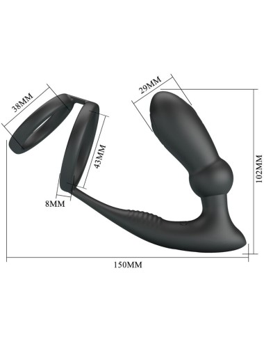 PRETTY LOVE - ANELLO PER PENE EMONI + TAPPO ANALE 12 VIBRAZIONI NERO
