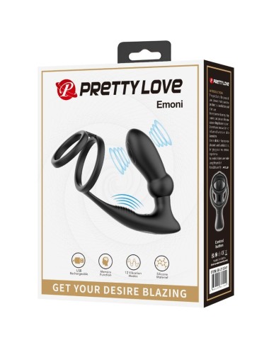 PRETTY LOVE - ANELLO PER PENE EMONI + TAPPO ANALE 12 VIBRAZIONI NERO