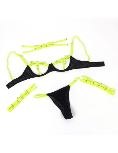 SUBBLIME - 955274 COMPLETO REGGISENO CON COLLANA E DETTAGLI GAMBA VERDE FLUORESCENTE S/M