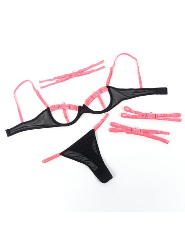 SUBBLIME - 955304 COMPLETO REGGISENO CON COLLANA E DETTAGLI GAMBA ROSA FLUO L/XL