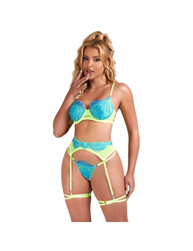 SUBBLIME - 955328 COMPLETO REGGISENO CON PIZZO E LINEE GIARRETRICI VERDE E BLU L/XL