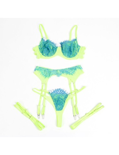 SUBBLIME - 955328 COMPLETO REGGISENO CON PIZZO E LINEE GIARRETRICI VERDE E BLU L/XL