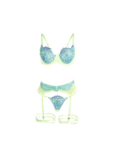 SUBBLIME - 955328 COMPLETO REGGISENO CON PIZZO E LINEE GIARRETRICI VERDE E BLU L/XL