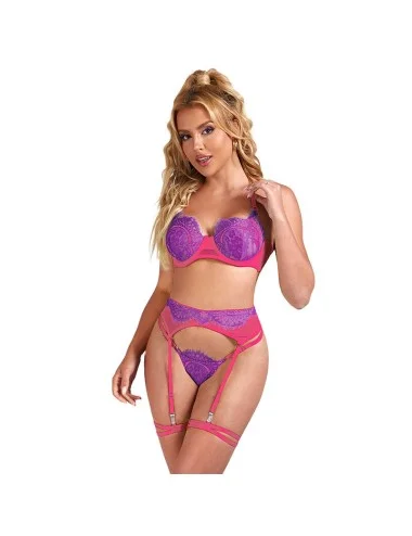 SUBBLIME - 955366 COMPLETO REGGISENO CON PIZZO E LINEE DI GIARRETTIERA ROSA E VIOLA L/XL
