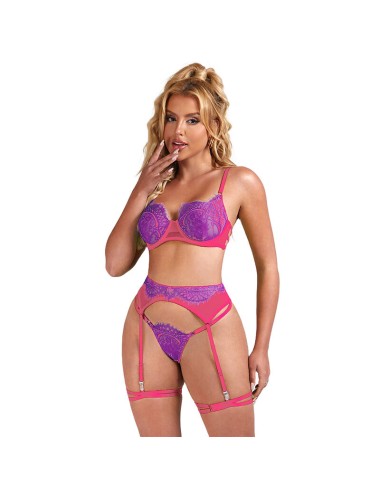SUBBLIME - 955366 COMPLETO REGGISENO CON PIZZO E LINEE DI GIARRETTIERA ROSA E VIOLA L/XL