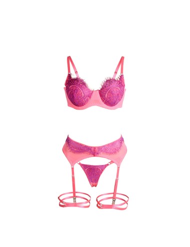 SUBBLIME - 955366 COMPLETO REGGISENO CON PIZZO E LINEE DI GIARRETTIERA ROSA E VIOLA L/XL