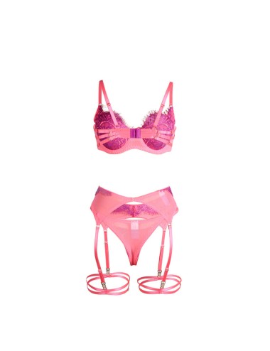 SUBBLIME - 955366 COMPLETO REGGISENO CON PIZZO E LINEE DI GIARRETTIERA ROSA E VIOLA L/XL
