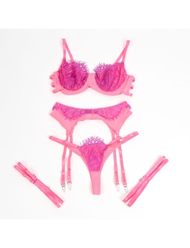 SUBBLIME - 955366 COMPLETO REGGISENO CON PIZZO E LINEE DI GIARRETTIERA ROSA E VIOLA L/XL