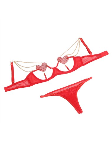SUBBLIME - 955526 COMPLETO REGGISENO CON CATENE E CUORE IN RETE ROSSO L/XL