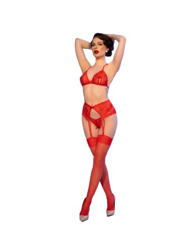 CHILIROSE - CR 4848 SET REGGISENO + PERIZOMA + CALZE IN PIZZO ROSSO XL