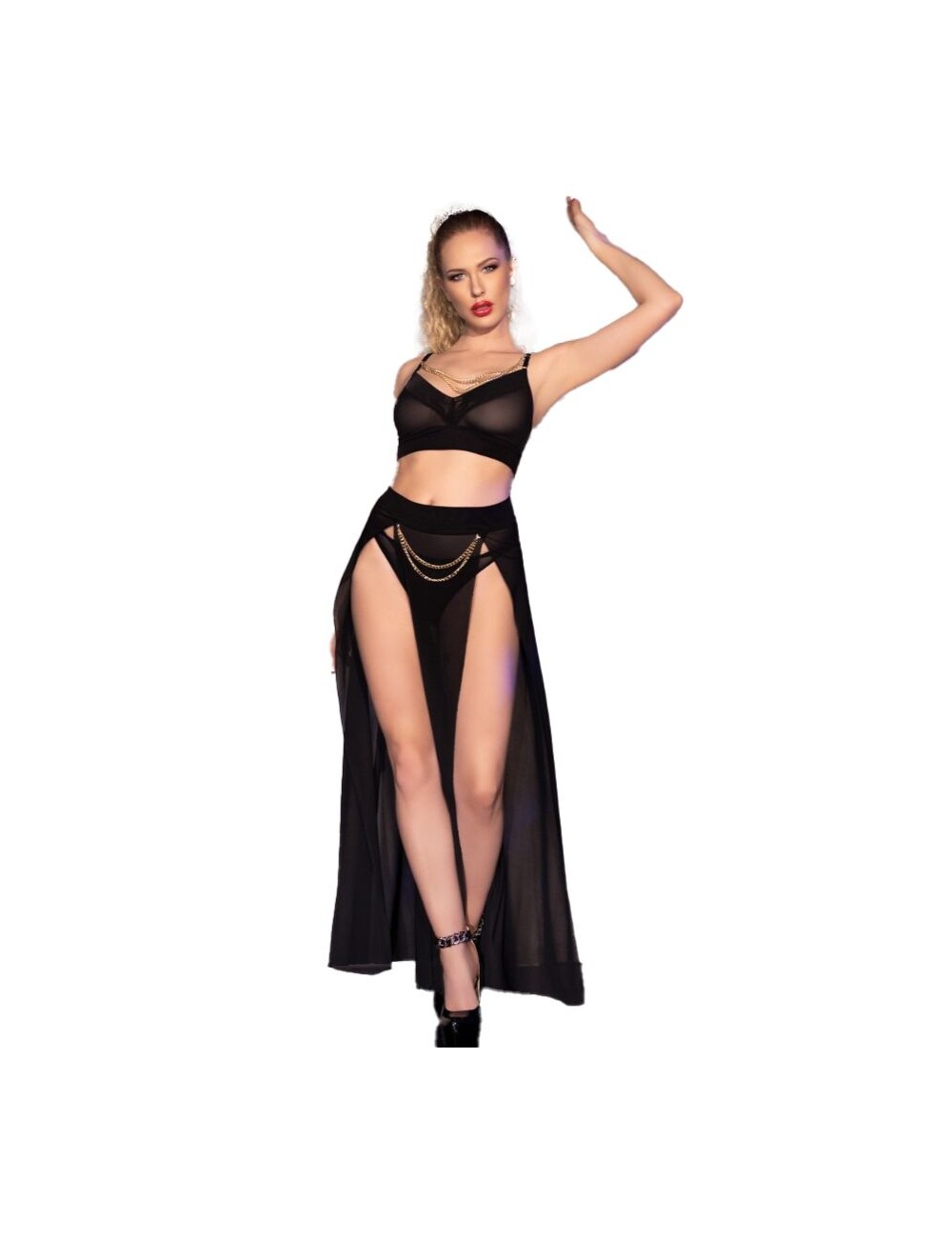CHILIROSE - CR 4672 GONNA TOP NERA E PERIZOMA CON CATENE ORO XL