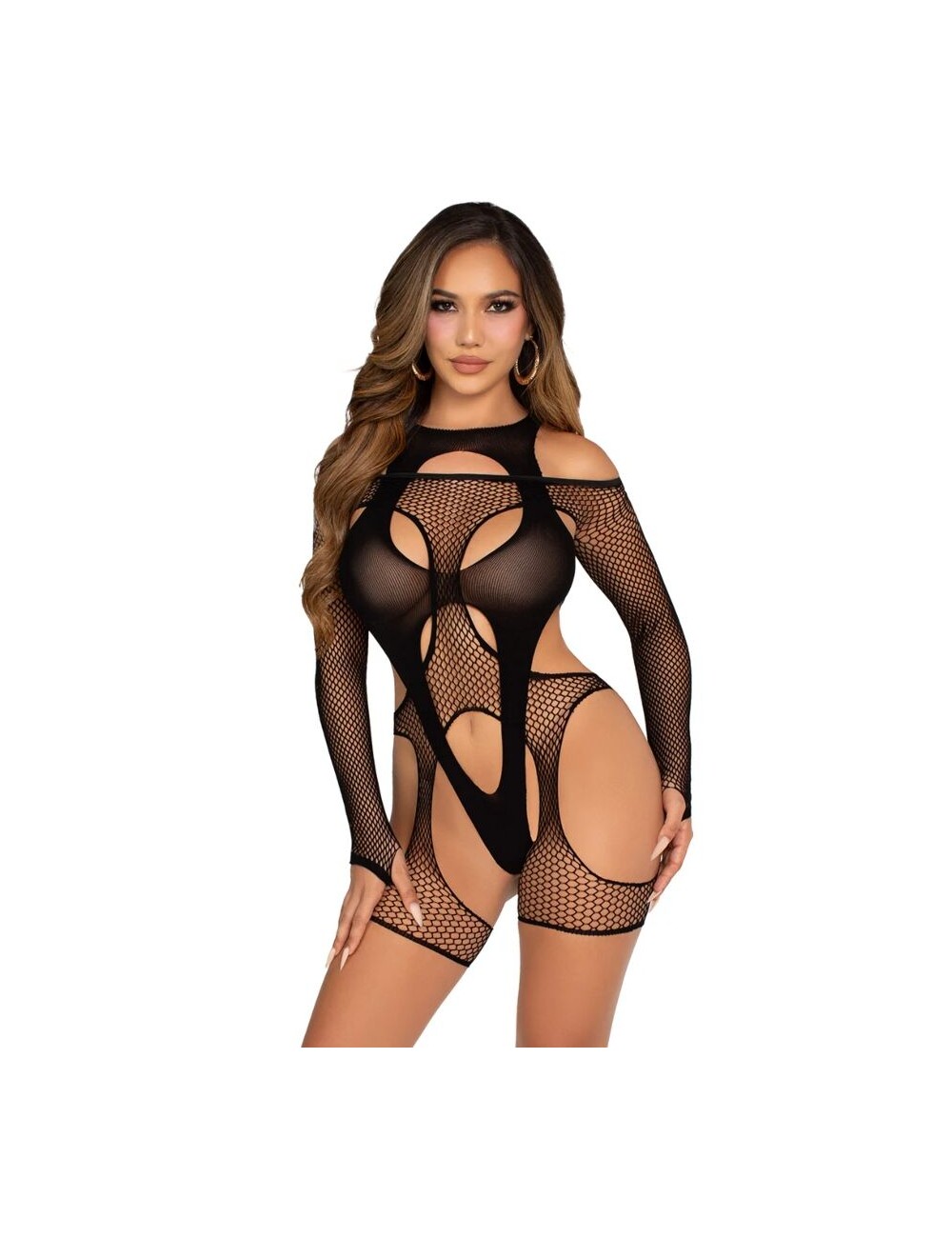 LEG AVENUE - BODYSTOCKING A RETE CON CINTURA E IMBRACATURA NERA