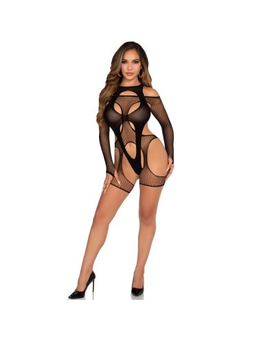 LEG AVENUE - BODYSTOCKING A RETE CON CINTURA E IMBRACATURA NERA
