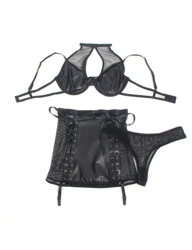 SUBBLIME - 957599 SET REGGISENO E GONNA IN PELLE NERO L/XL