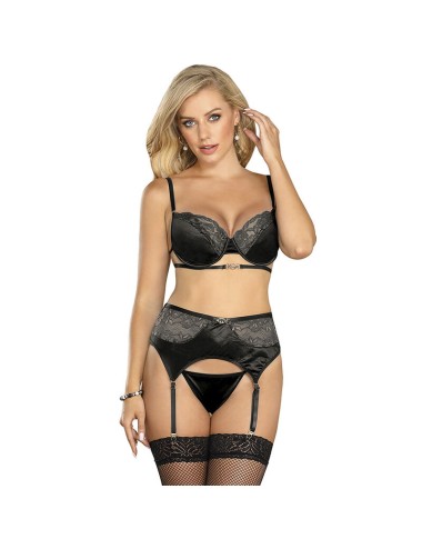 SUBBLIME - SET 3 PEZZI REGGISENO + PERIZOMA + GIARRETTIERA IN PIZZO NERO L/XL