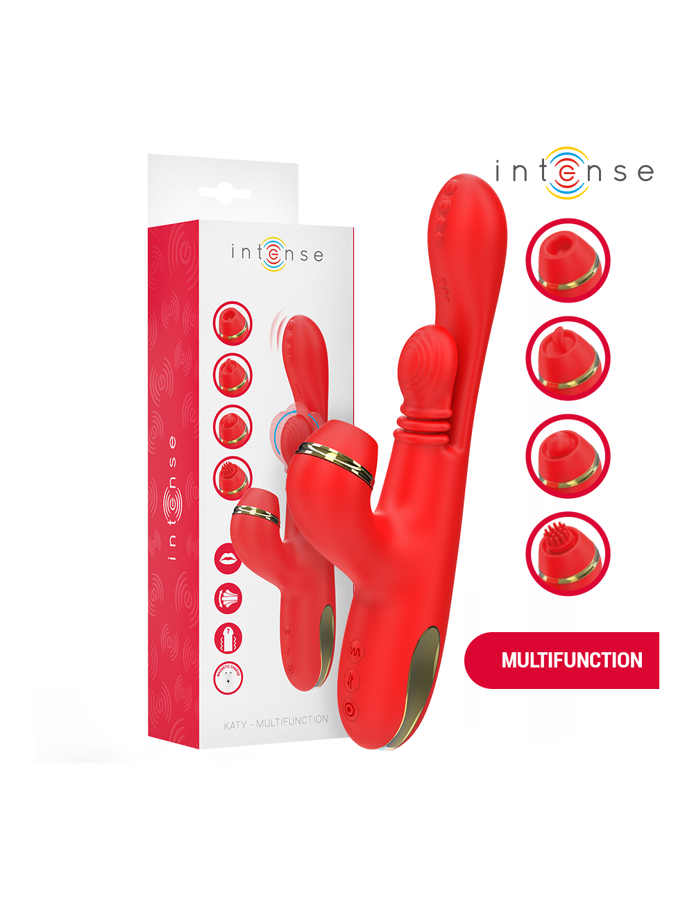 INTENSE - KATY STIMOLATORE CLITORIDEO MULTIFUNZIONE 4 TESTINE INTERCAMBIABILI ROSSO INTENSE - KATY STIMOLATORE CLITORIDEO MULTIFUNZIONE 4 TESTINE INTERCAMBIABILI ROSSO