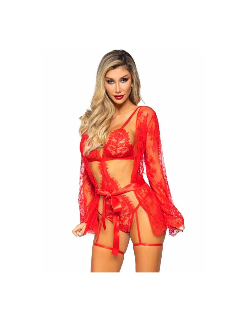 LEG AVENUE - 86123 SET VESTAGLIA TEDDY + GIARRETTIERA ROSSO TAGLIA S