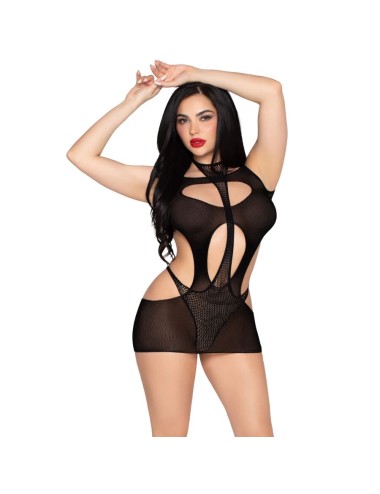 LEG AVENUE - 81680 MINI ABITO OPACO E TEDDY CON SCOLLO A V NERO - TAGLIA UNICA