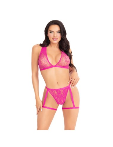 LEG AVENUE - 86148 REGGISENO E SLIP IN PIZZO CON GIARRETTIERE ROSA - TAGLIA UNICA