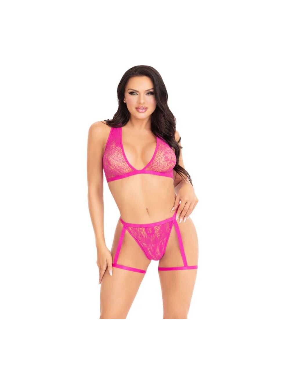 LEG AVENUE - 86148 REGGISENO E SLIP IN PIZZO CON GIARRETTIERE ROSA - TAGLIA UNICA