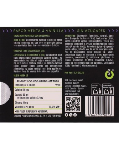 WUG ON - BLISTER DI GOMME DA MASTICARE CON CAFFEINA FUNZIONALE E GUARANA, GUSTO MENTA E VANIGLIA, 8 PEZZI
