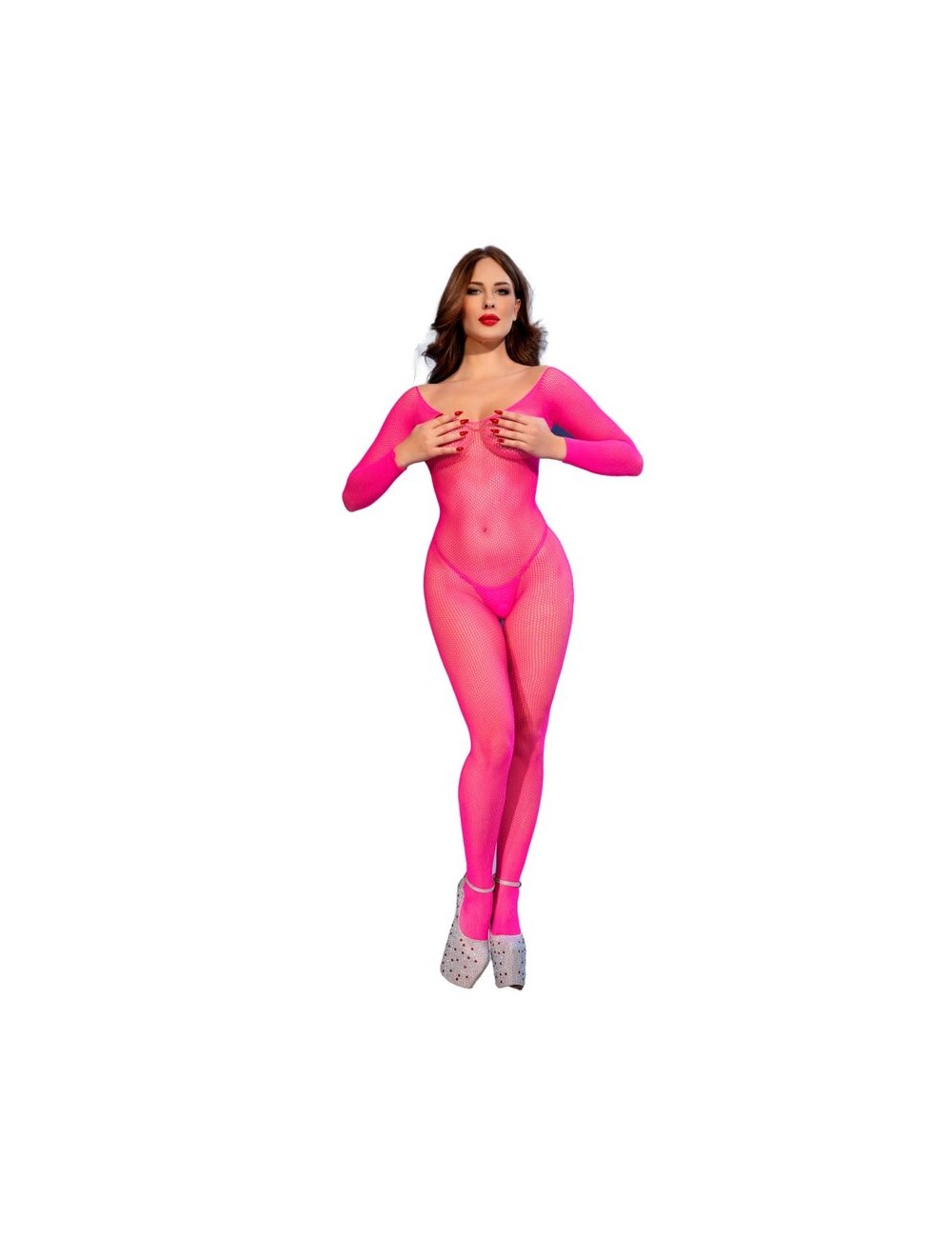 CHILIROSE - CR 4894 BODYSTOCKING IN RETE ROSA NEON S/M
