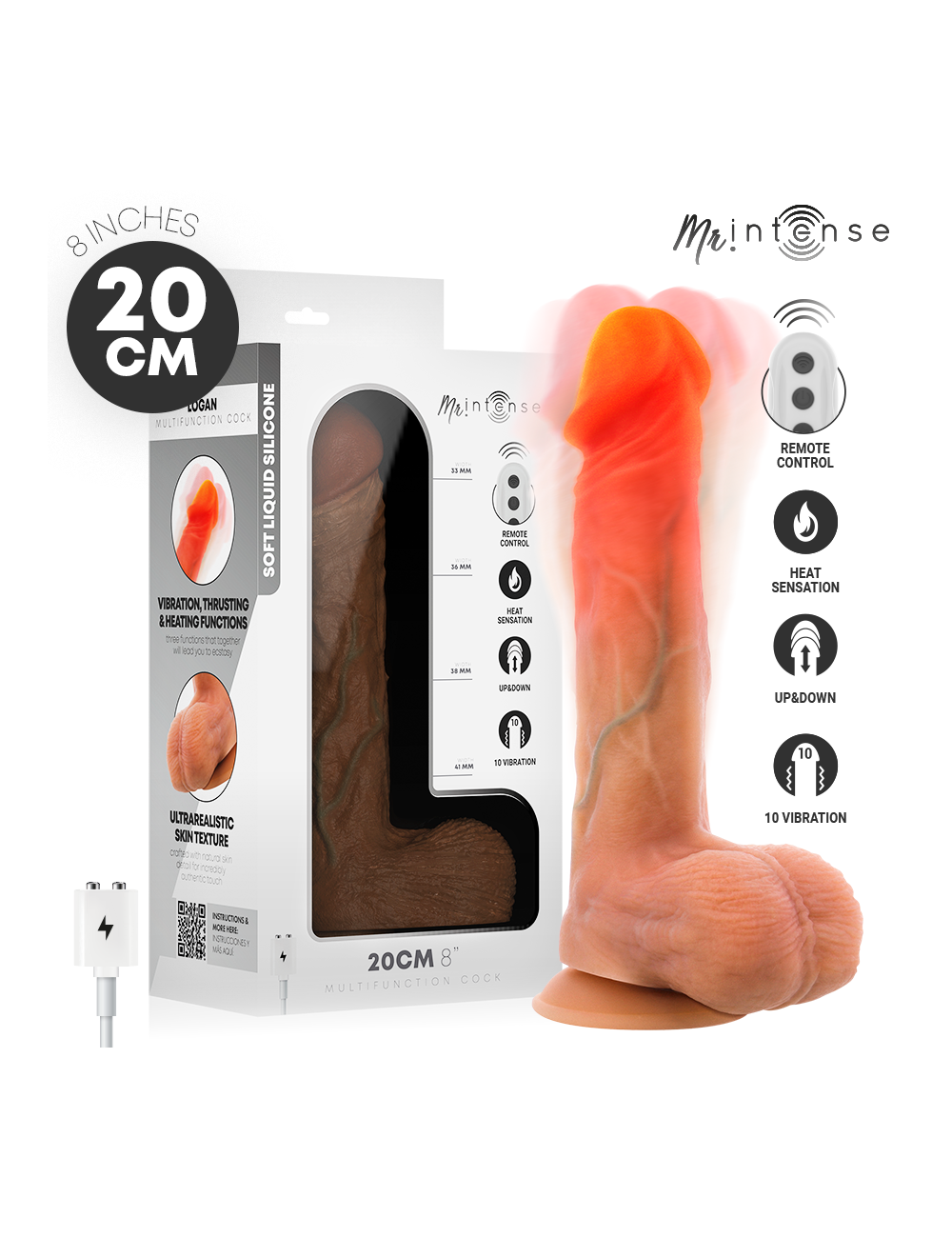 MR INTENSE - DILDO VIBRANTE LOGAN IN SILICONE CON EFFETTO CALORE E TELECOMANDO 20 CM -Ø- 4