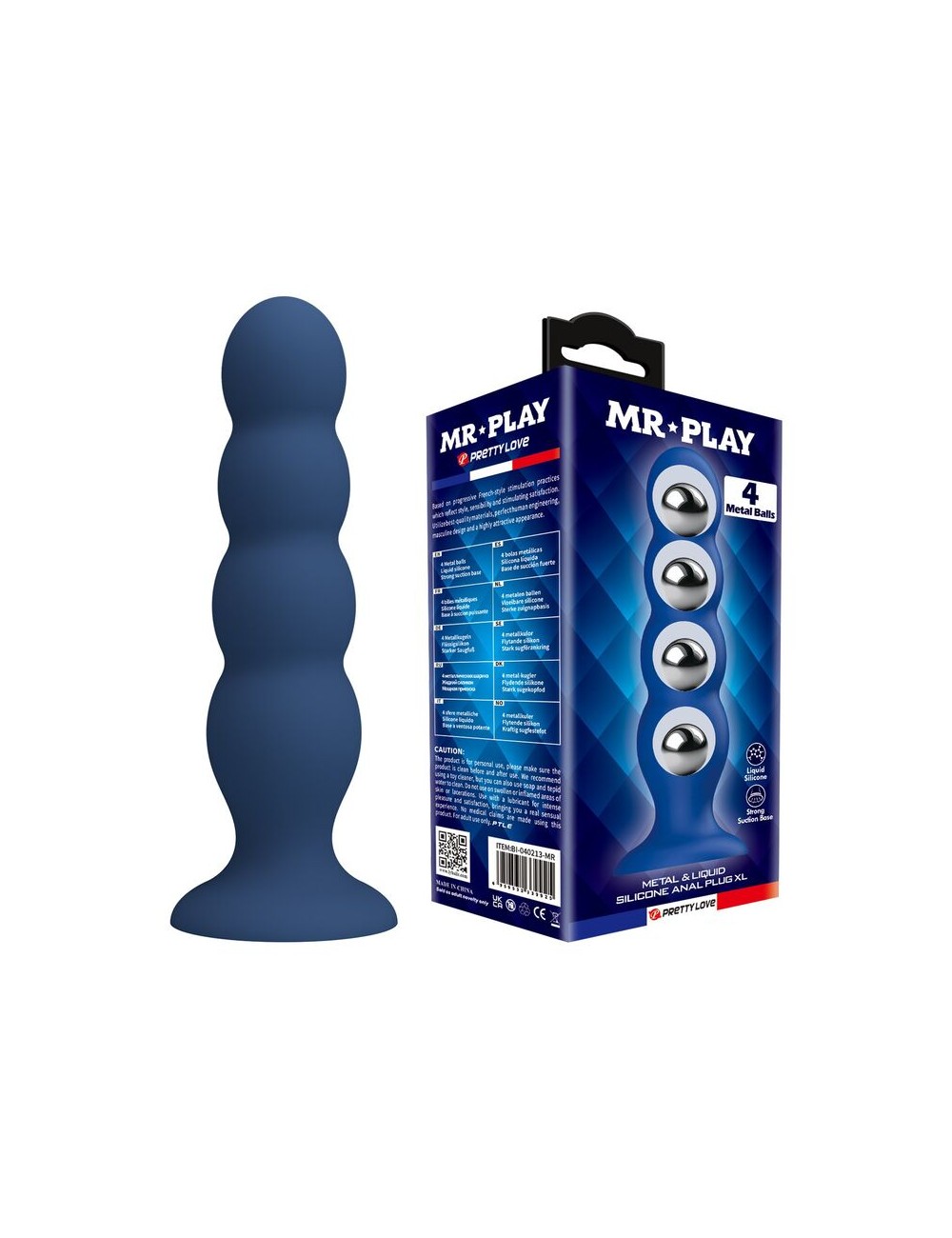 MR PLAY - PLUG ANALE CON 4 SFERE METALLICHE E VENTOSA BLU