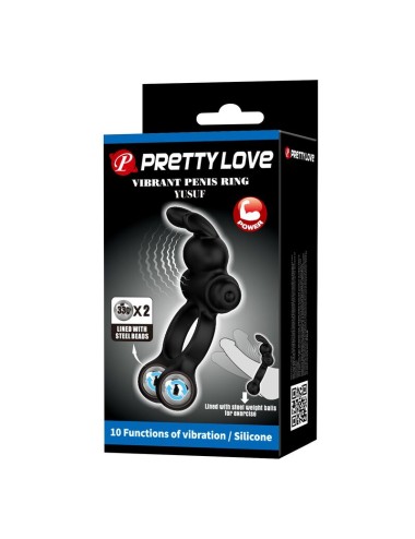 PRETTY LOVE - ANELLO PER PENE VIBRANTE CON STIMOLATORE A FORMA DI CONIGLIETTO, 10 FUNZIONI, NERO