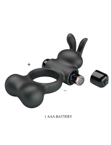 PRETTY LOVE - ANELLO PER PENE VIBRANTE CON STIMOLATORE A FORMA DI CONIGLIETTO, 10 FUNZIONI, NERO
