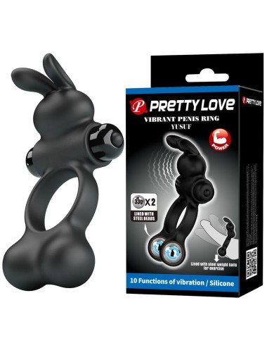 PRETTY LOVE - ANELLO PER PENE VIBRANTE CON STIMOLATORE A FORMA DI CONIGLIETTO, 10 FUNZIONI, NERO