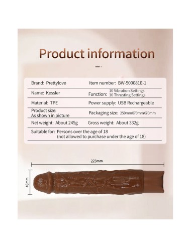 PRETTY LOVE - KESSLER DILDO VIBRANTE REALISTICO CON 10 MODALITÀ DI VIBRAZIONE E 10 ROTAZIONI, 22 CM, MARRONE