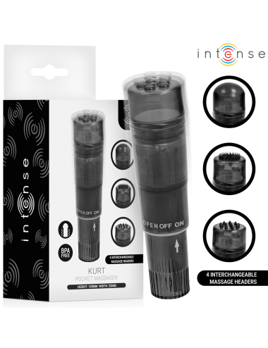 INTENSE - MINI MASSAGGIATORE KURT CON 4 TESTINE INTERCAMBIABILI NERO