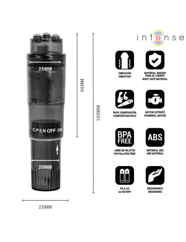 INTENSE - MINI MASSAGGIATORE KURT CON 4 TESTINE INTERCAMBIABILI NERO